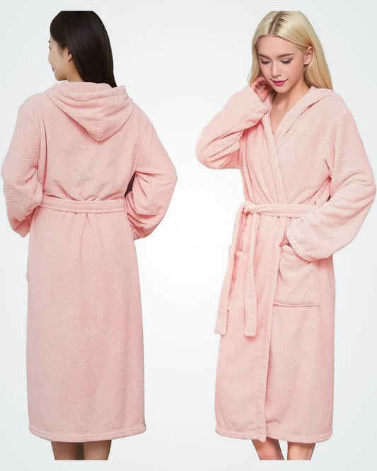 women’s pink hooded terry cotton bathrobe with belt and pockets, front and back view