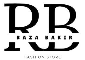 Black and white logo for Raza Bakir Fashion Store, featuring a stylized interlocking 'RB' monogram with the text 'RAZA BAKIR' and 'FASHION STORE' underneath.