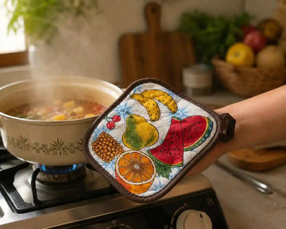 Hand holding colorful quilted cotton pot holder with fruit print design, soft padded kitchen hot pad.