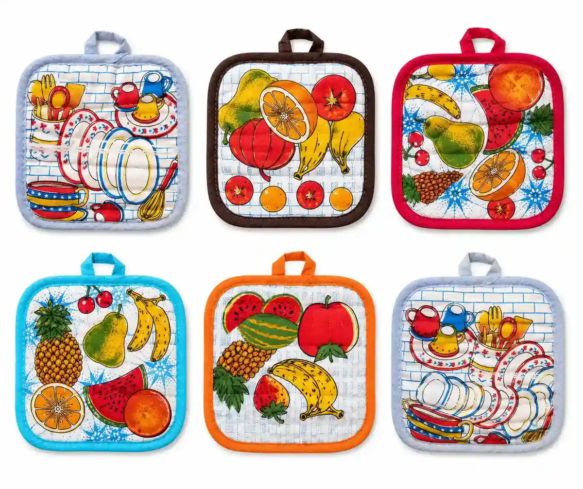  Six colorful quilted cotton pot holders with banana, pineapple, orange, and cherry print designs on a white background.