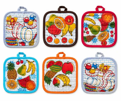  Six colorful quilted cotton pot holders with banana, pineapple, orange, and cherry print designs on a white background.