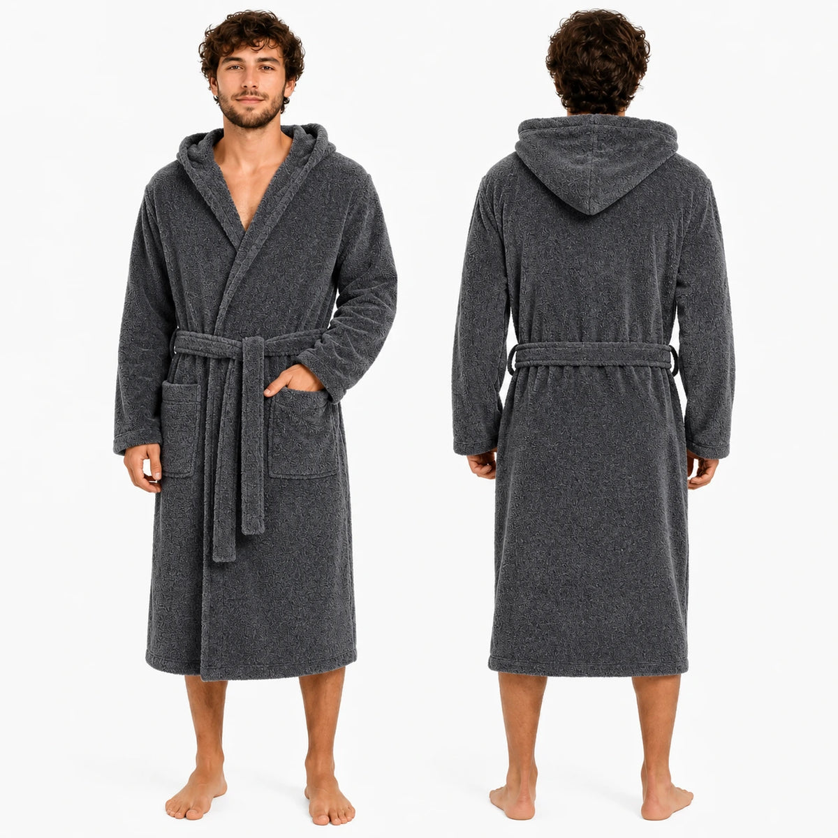 Men’s grey hooded terry bathrobe with belt and pockets, front and back view