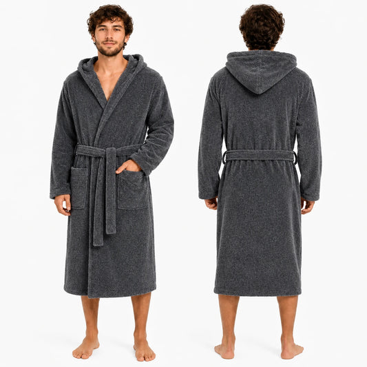 Men’s grey hooded terry bathrobe with belt and pockets, front and back view