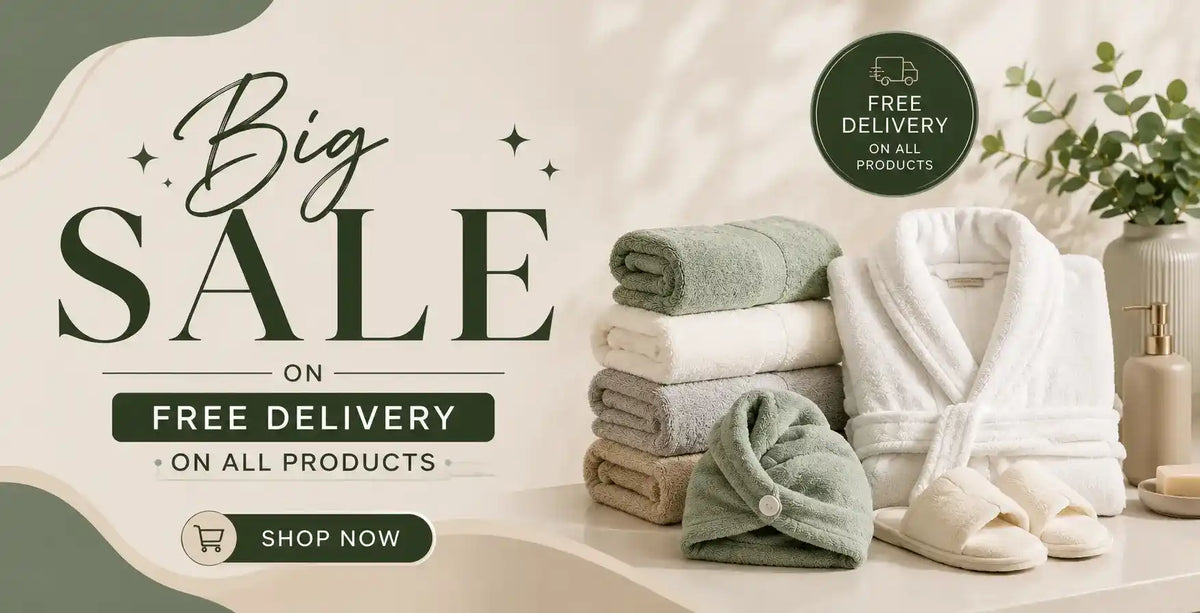 RB Store Big Sale banner featuring premium bathrobe, cotton towels, hair towel wrap and slippers with free delivery on all products.