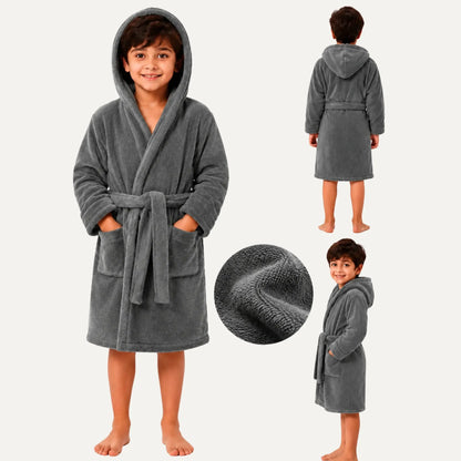 A child wearing a plush gray hooded bathrobe, shown from the front, back, and side, with a circular fabric texture inset on a light gray background.