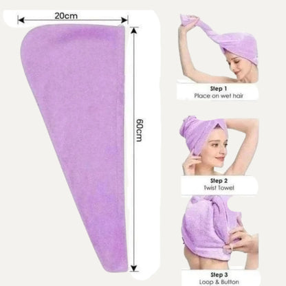 Purple microfiber hair wrap towel shown with dimension labels of 20cm by 60cm, alongside three small instructional panels showing how to place, twist, and loop the towel on wet hair.