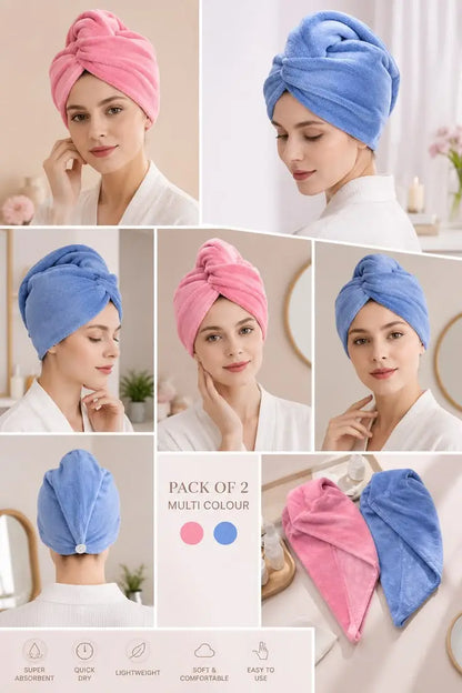 Collage of a woman wearing pink and blue towel turbans with product details.